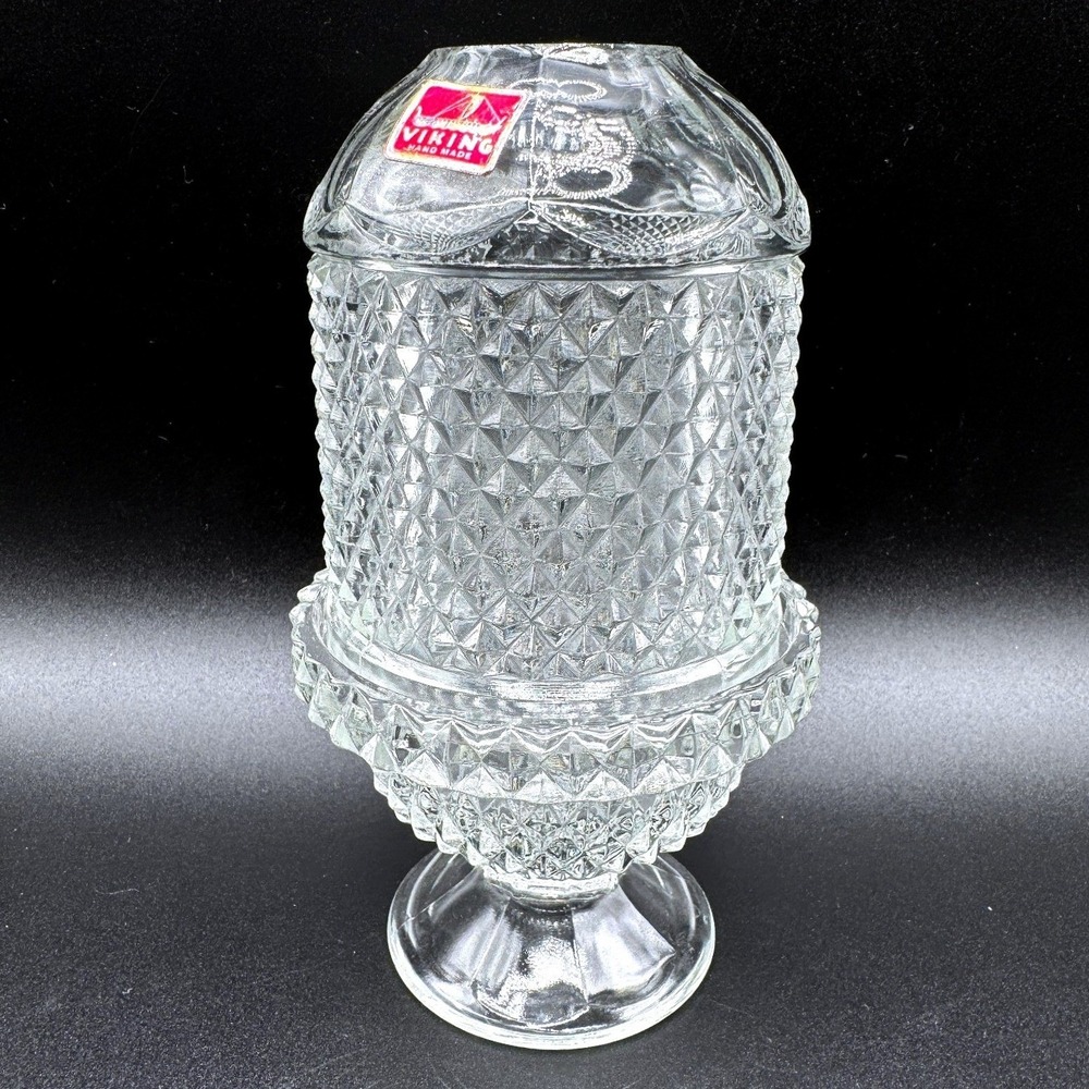 Viking Glass Diamond Point Fairy Lamp Clear Candle Holder Original Sticker